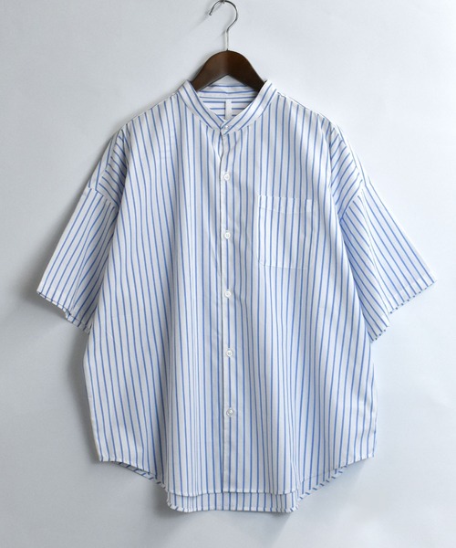 おしゃれスタ（オシャレスタ）の「ブロード バンドカラービッグ半袖シャツ【IR】（シャツ/ブラウス・メンズ・ホワイト/グレイッシュベージュ/サックスブルー/イエロー系その他/ブルー系その他/ブラック/パープル系その他/ブラック系その他/グリーン系その他/ホワイト系その他/グリーン・M/XL/L）」の13枚目の写真