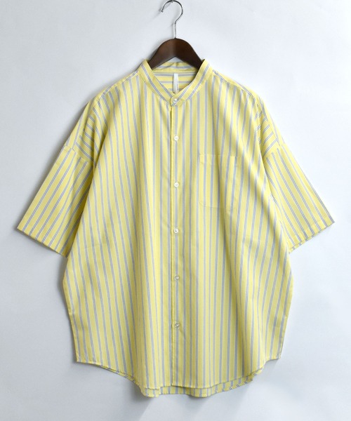 おしゃれスタ（オシャレスタ）の「ブロード バンドカラービッグ半袖シャツ【IR】（シャツ/ブラウス・メンズ・ホワイト/グレイッシュベージュ/サックスブルー/イエロー系その他/ブルー系その他/ブラック/パープル系その他/ブラック系その他/グリーン系その他/ホワイト系その他/グリーン・M/XL/L）」の21枚目の写真