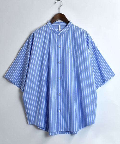 おしゃれスタ（オシャレスタ）の「ブロード バンドカラービッグ半袖シャツ【IR】（シャツ/ブラウス・メンズ・ホワイト/グレイッシュベージュ/サックスブルー/イエロー系その他/ブルー系その他/ブラック/パープル系その他/ブラック系その他/グリーン系その他/ホワイト系その他/グリーン・M/XL/L）」の20枚目の写真