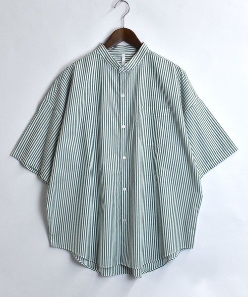 おしゃれスタ（オシャレスタ）の「ブロード バンドカラービッグ半袖シャツ【IR】（シャツ/ブラウス・メンズ・ホワイト/グレイッシュベージュ/サックスブルー/イエロー系その他/ブルー系その他/ブラック/パープル系その他/ブラック系その他/グリーン系その他/ホワイト系その他/グリーン・M/XL/L）」の18枚目の写真