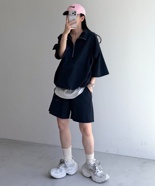 wee9s(ウィークス)の「【2点SET】half zip nylon set up / ハーフジップナイロンセットアップ(セットアップ・レディース・ピンク/ブラック/ネイビー/ライトイエロー・FREE)」の2枚目の写真