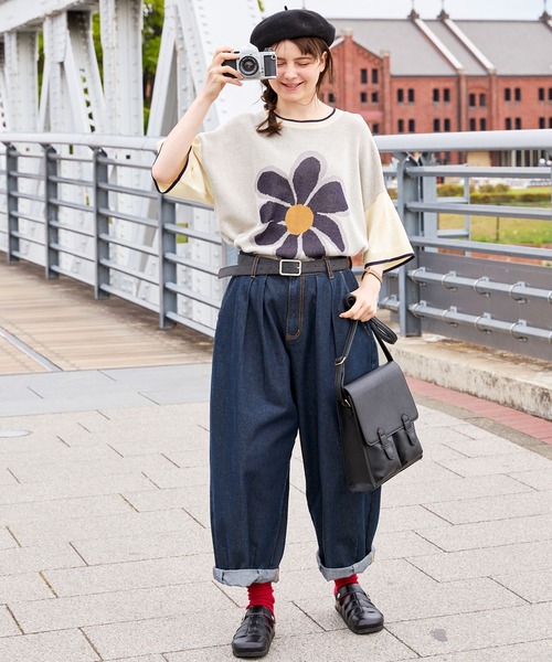 MONO-MART LADY'S（モノマートレディース）の「フラワージャガード半袖ニットプルオーバー（ニット/セーター・レディース・アイボリー/グリーン/オレンジ/ネイビー・FREE）」の13枚目の写真