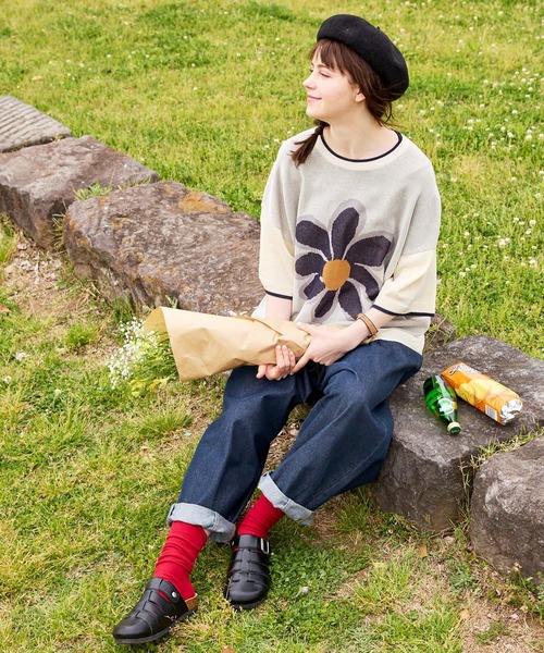 MONO-MART LADY'S（モノマートレディース）の「フラワージャガード半袖ニットプルオーバー（ニット/セーター・レディース・アイボリー/グリーン/オレンジ/ネイビー・FREE）」の21枚目の写真