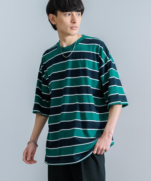 Rocky Monroe(ロッキーモンロー)の「オーバーサイズ マルチボーダー半袖Tee(Tシャツ/カットソー・メンズ・ダークグリーン系/イエロー系/ブルー系/グレー系/パープル系/ホワイト系・M/L/LL)」の3枚目の写真
