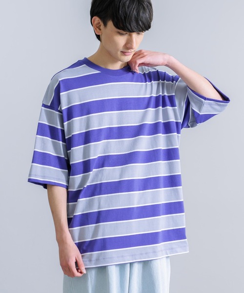 Rocky Monroe(ロッキーモンロー)の「オーバーサイズ マルチボーダー半袖Tee(Tシャツ/カットソー・メンズ・ダークグリーン系/イエロー系/ブルー系/グレー系/パープル系/ホワイト系・M/L/LL)」の5枚目の写真