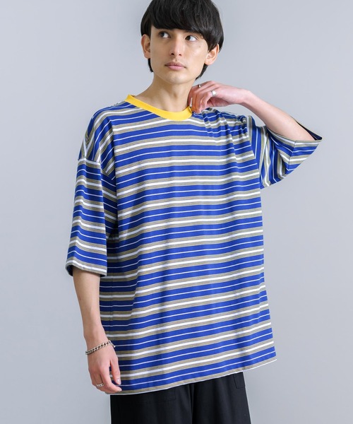 Rocky Monroe(ロッキーモンロー)の「オーバーサイズ マルチボーダー半袖Tee(Tシャツ/カットソー・メンズ・ダークグリーン系/イエロー系/ブルー系/グレー系/パープル系/ホワイト系・M/L/LL)」の6枚目の写真