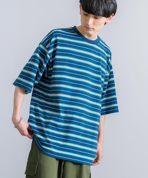 Rocky Monroe(ロッキーモンロー)の「オーバーサイズ マルチボーダー半袖Tee(Tシャツ/カットソー・メンズ・ダークグリーン系/イエロー系/ブルー系/グレー系/パープル系/ホワイト系・M/L/LL)」の10枚目の写真