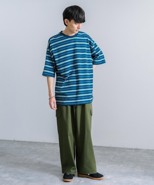 Rocky Monroe(ロッキーモンロー)の「オーバーサイズ マルチボーダー半袖Tee(Tシャツ/カットソー・メンズ・ダークグリーン系/イエロー系/ブルー系/グレー系/パープル系/ホワイト系・M/L/LL)」の12枚目の写真