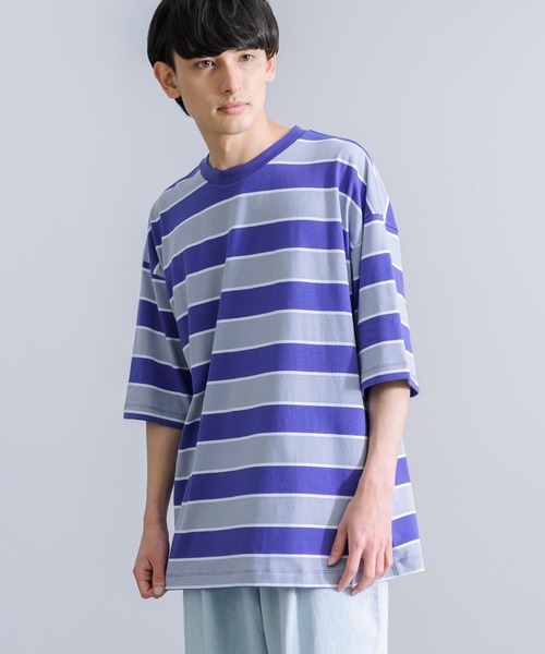 Rocky Monroe(ロッキーモンロー)の「オーバーサイズ マルチボーダー半袖Tee(Tシャツ/カットソー・メンズ・ダークグリーン系/イエロー系/ブルー系/グレー系/パープル系/ホワイト系・M/L/LL)」の13枚目の写真