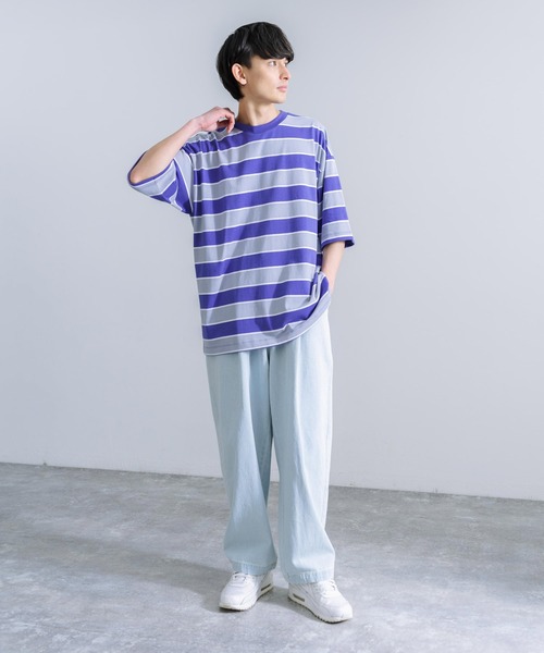 Rocky Monroe(ロッキーモンロー)の「オーバーサイズ マルチボーダー半袖Tee(Tシャツ/カットソー・メンズ・ダークグリーン系/イエロー系/ブルー系/グレー系/パープル系/ホワイト系・M/L/LL)」の14枚目の写真