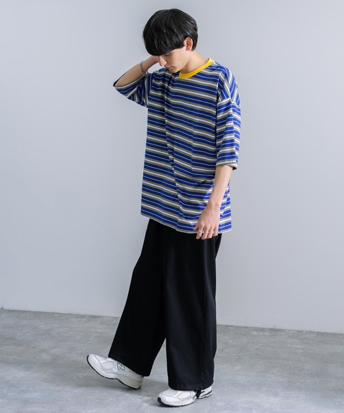 Rocky Monroe(ロッキーモンロー)の「オーバーサイズ マルチボーダー半袖Tee(Tシャツ/カットソー・メンズ・ダークグリーン系/イエロー系/ブルー系/グレー系/パープル系/ホワイト系・M/L/LL)」の18枚目の写真