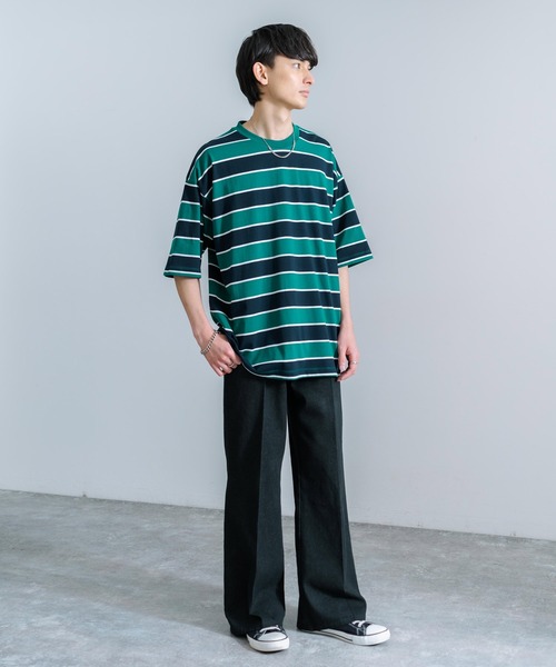 Rocky Monroe(ロッキーモンロー)の「オーバーサイズ マルチボーダー半袖Tee(Tシャツ/カットソー・メンズ・ダークグリーン系/イエロー系/ブルー系/グレー系/パープル系/ホワイト系・M/L/LL)」の9枚目の写真