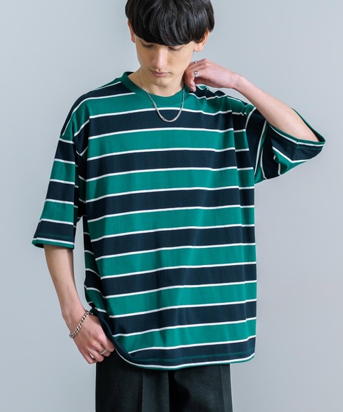 Rocky Monroe(ロッキーモンロー)の「オーバーサイズ マルチボーダー半袖Tee(Tシャツ/カットソー・メンズ・ダークグリーン系/イエロー系/ブルー系/グレー系/パープル系/ホワイト系・M/L/LL)」の7枚目の写真