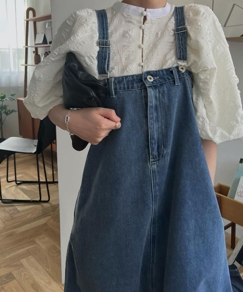 WILLFULLY（ウィルフリー）の「A line denim suspenders skirt OP