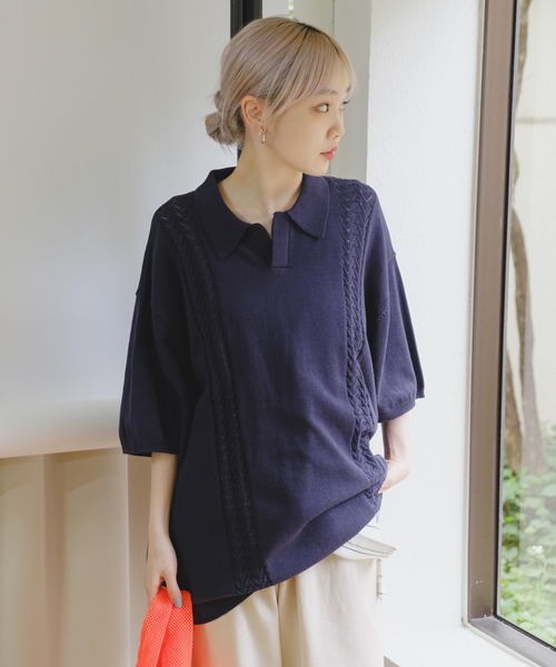 WHIMSIC(ウィムジック)の「【UNISEX】レトロパターンニットポロシャツ(ポロシャツ・メンズ・ブルー/ネイビー/オレンジ・FREE)」の4枚目の写真