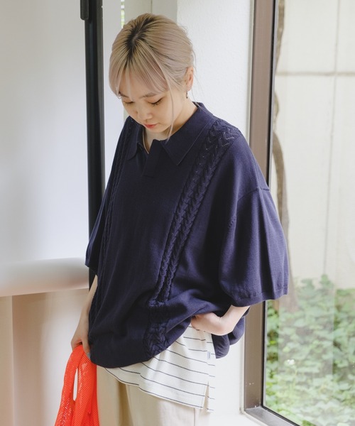 WHIMSIC(ウィムジック)の「【UNISEX】レトロパターンニットポロシャツ(ポロシャツ・メンズ・ブルー/ネイビー/オレンジ・FREE)」の5枚目の写真