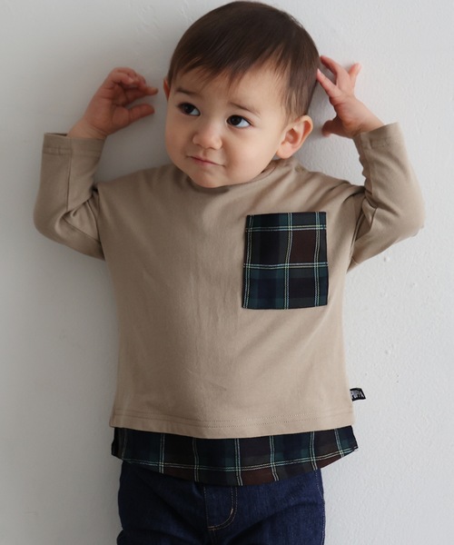 PUPPAPUPO(プッパプーポ)の「チェック ポケット 裾 レイヤード 長袖 Tシャツ(Tシャツ/カットソー・キッズ・スミクロ/ベージュ/アイボリー・140/100/90/120/110/80/130)」の1枚目の写真