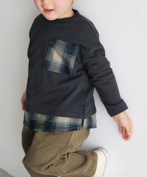 PUPPAPUPO(プッパプーポ)の「チェック ポケット 裾 レイヤード 長袖 Tシャツ(Tシャツ/カットソー・キッズ・スミクロ/ベージュ/アイボリー・140/100/90/120/110/80/130)」の3枚目の写真