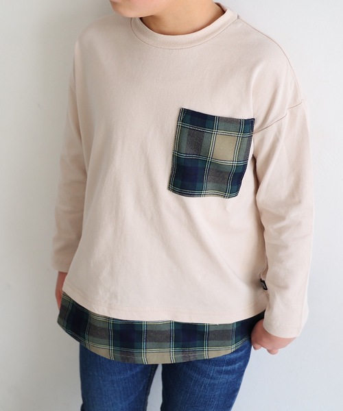 PUPPAPUPO(プッパプーポ)の「チェック ポケット 裾 レイヤード 長袖 Tシャツ(Tシャツ/カットソー・キッズ・スミクロ/ベージュ/アイボリー・140/100/90/120/110/80/130)」の2枚目の写真