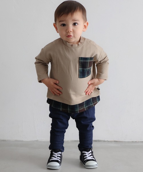 PUPPAPUPO(プッパプーポ)の「チェック ポケット 裾 レイヤード 長袖 Tシャツ(Tシャツ/カットソー・キッズ・スミクロ/ベージュ/アイボリー・140/100/90/120/110/80/130)」の4枚目の写真