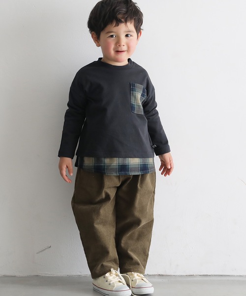 PUPPAPUPO(プッパプーポ)の「チェック ポケット 裾 レイヤード 長袖 Tシャツ(Tシャツ/カットソー・キッズ・スミクロ/ベージュ/アイボリー・140/100/90/120/110/80/130)」の9枚目の写真