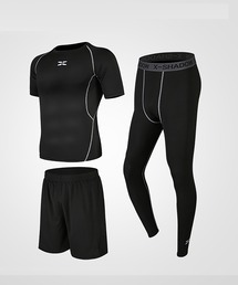 FREE BLUES（フリーブルース）の「吸汗速乾メンズスポーツウェア　ドライストレッチ　上下3点セットアップ【半袖Teeシャツ/ハーフパンツ/レギンス】（スポーツグッズ）」