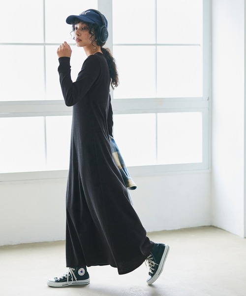 coca（coca）（コカ）の「リブ編みジャージーマキシワンピース（ワンピース・レディース・ブラック/グレー・M/L）」の3枚目の写真