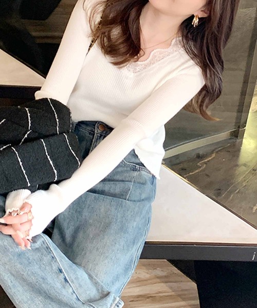 frunco（フランコ）の「レース付きVネックリブトップス（Tシャツ/カットソー・レディース・ホワイト/グレー/ブラック/アイボリー・FREE）」の5枚目の写真