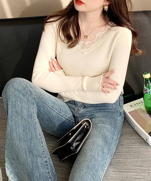 frunco（フランコ）の「レース付きVネックリブトップス（Tシャツ/カットソー・レディース・ホワイト/グレー/ブラック/アイボリー・FREE）」の9枚目の写真