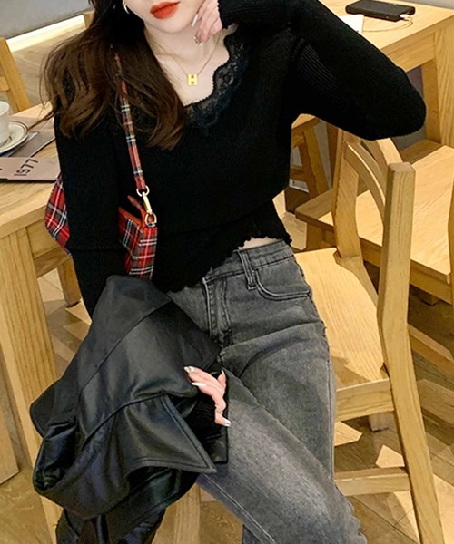 frunco（フランコ）の「レース付きVネックリブトップス（Tシャツ/カットソー・レディース・ホワイト/グレー/ブラック/アイボリー・FREE）」の18枚目の写真