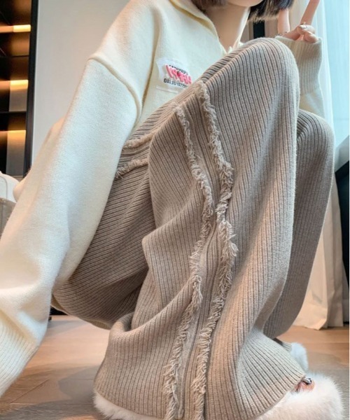 kirakiraShop（キラキラショップ）の「[低身長向けサイズあり] トレンドの長め丈で垢抜ける。サイド フリンジ ニット パンツ（その他パンツ・レディース・ブラック/ベージュ/オフホワイト/ブラウン/杢グレー/チャコール/ブルー系・FREE/FS）」の10枚目の写真