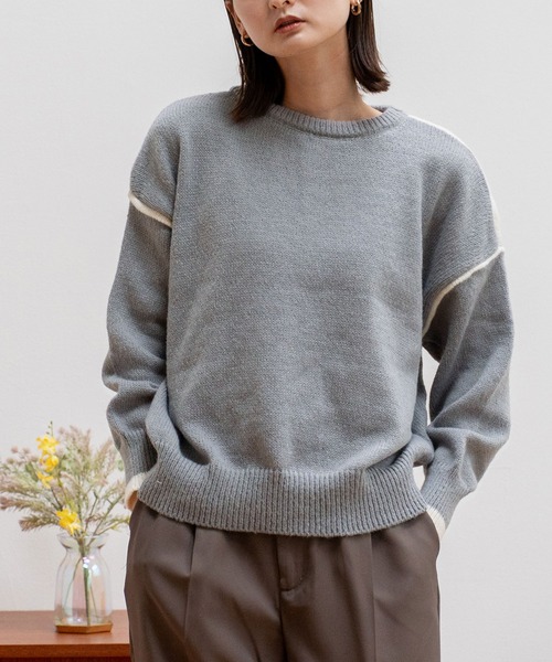 VitaFelice(ヴィータフェリーチェ)の「配色ライン プルオーバーセーター(Tシャツ/カットソー・レディース・ホワイト/グリーン/グレー/ブラック・FREE)」の4枚目の写真