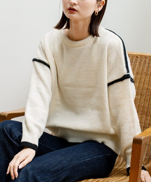 VitaFelice(ヴィータフェリーチェ)の「配色ライン プルオーバーセーター(Tシャツ/カットソー・レディース・ホワイト/グリーン/グレー/ブラック・FREE)」の2枚目の写真