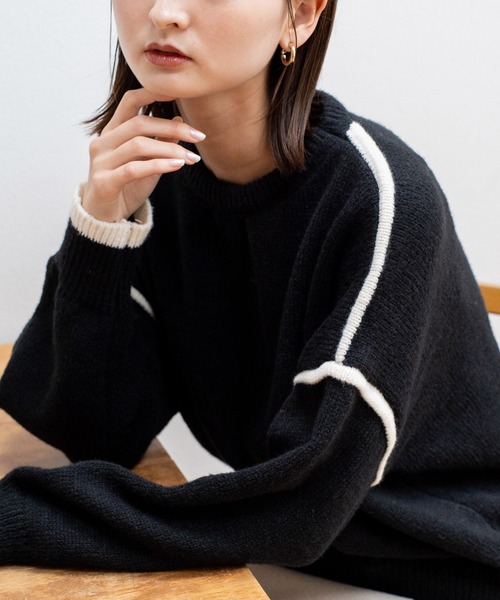 VitaFelice(ヴィータフェリーチェ)の「配色ライン プルオーバーセーター(Tシャツ/カットソー・レディース・ホワイト/グリーン/グレー/ブラック・FREE)」の3枚目の写真