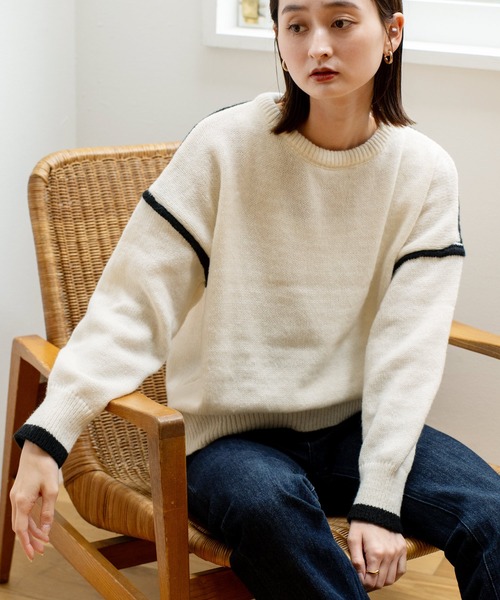VitaFelice(ヴィータフェリーチェ)の「配色ライン プルオーバーセーター(Tシャツ/カットソー・レディース・ホワイト/グリーン/グレー/ブラック・FREE)」の7枚目の写真