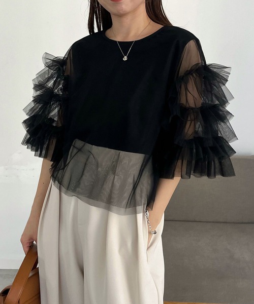 CAPRICIEUX LE'MAGE(カプリシューレマージュ)の「チュールフリルT(シャツ/ブラウス・レディース・グレー/ブラック/ホワイト・FREE)」の3枚目の写真