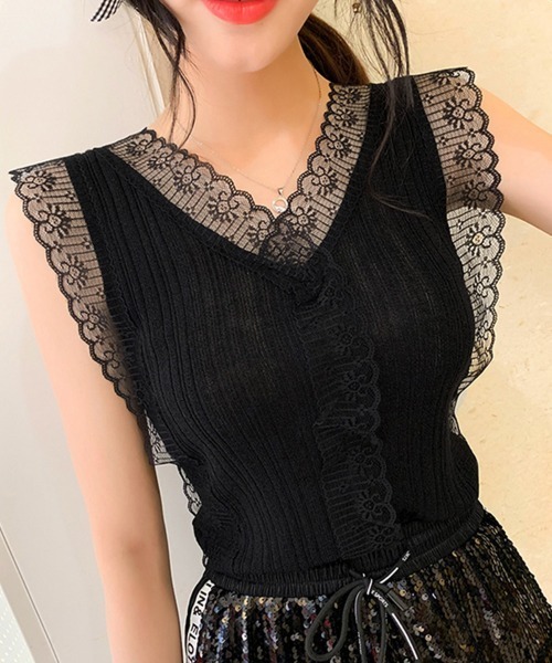 Miniministore(ミニミニストア)の「Vネック レースキャミソール レディース(タンクトップ・レディース・ベージュ/ピンク/ホワイト/ブラック・FREE)」の6枚目の写真