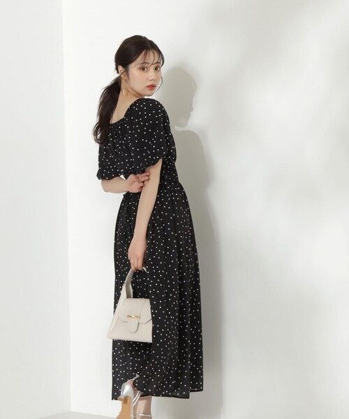 セルフポートレイト ワンピース ロング ドレス 水玉 総柄 ドット フリル M Diosfront ワンピース ドット柄バックリボンショルダーフリル