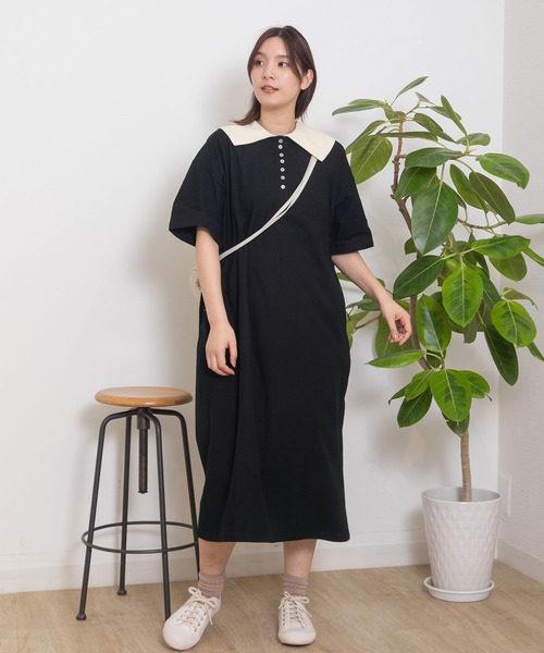 POU DOU DOU(プードゥドゥ)の「ビッグカラー鹿の子ポロワンピース(ワンピース・レディース・アイボリー/ブルー/ブラック・3)」の5枚目の写真