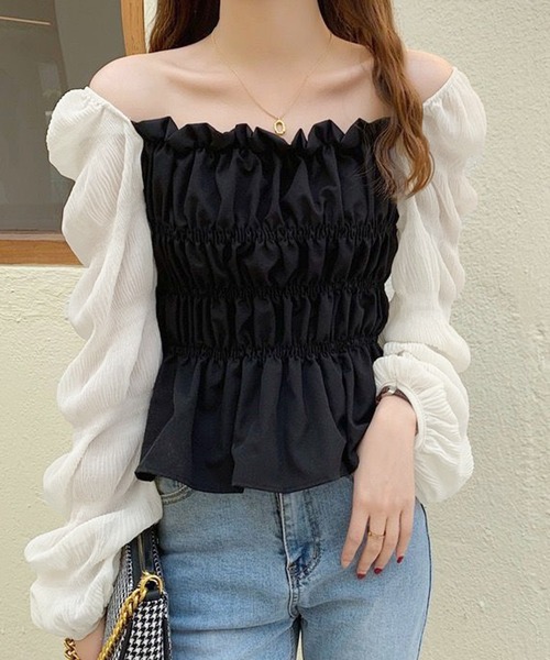 Lace Ladies（レースレディース）の「2WAY スクエアネック シフォン ティアード コンパクト ブラウス オフショル（シャツ/ブラウス・レディース・ブラック・S/M/XL）」の15枚目の写真
