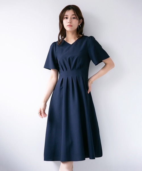 【セール】再々入荷【暑い季節も快適リネン調シリーズ】洗濯機で洗える！麻調メランジ・タックフレアーワンピース（ワンピース）｜WHITE JOOLA（ホワイトジョーラ）