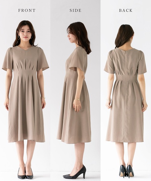 WHITE JOOLA（ホワイトジョーラ）の「再々入荷【暑い季節も快適リネン調シリーズ】洗濯機で洗える！麻調メランジ・タックフレアーワンピース（ワンピース・レディース・ネイビー/モカ・L/M/S）」の5枚目の写真