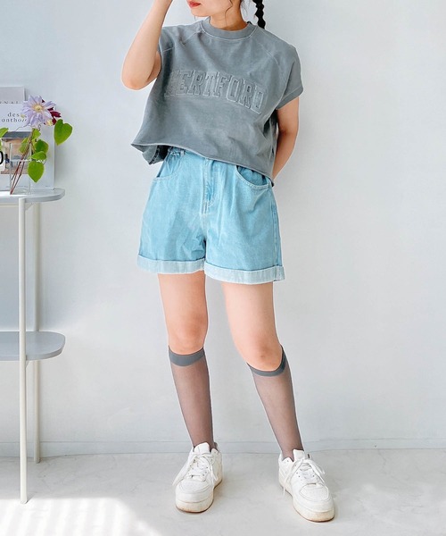 AS KNOW AS plus(アズノゥアズプラス)の「◎ピグメント加工・エンボス加工 ショート丈Tシャツ(Tシャツ/カットソー・レディース・チャコールグレー/アイボリー/レッド/カーキ/サックスブルー・FREE)」の8枚目の写真