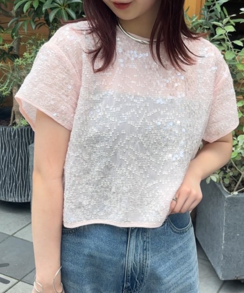 A part by（アパートバイ）の「スパンコールTEE（Tシャツ/カットソー・レディース・オフホワイト/ブラック/ライトピンク・FREE）」の3枚目の写真