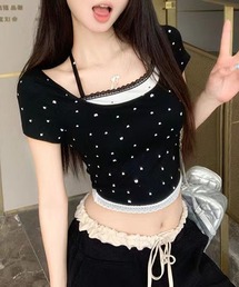 水玉ビジュー レーストリム クロップド半袖 T シャツ ニセ二層デザイン フィットシルエット レディース