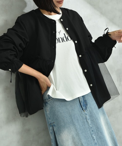 INTERPLANET（インタープラネット）の「バンドカラー長袖袖口リボンチュール重ねブラウス（シャツ/ブラウス・レディース・ブラック/オフホワイト・FREE）」の2枚目の写真