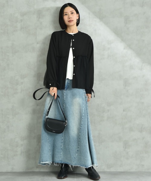 INTERPLANET（インタープラネット）の「バンドカラー長袖袖口リボンチュール重ねブラウス（シャツ/ブラウス・レディース・ブラック/オフホワイト・FREE）」の3枚目の写真