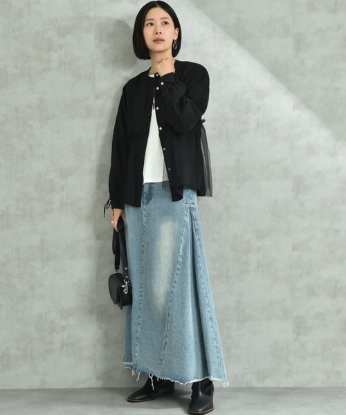 INTERPLANET（インタープラネット）の「バンドカラー長袖袖口リボンチュール重ねブラウス（シャツ/ブラウス・レディース・ブラック/オフホワイト・FREE）」の5枚目の写真