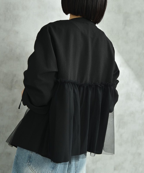 INTERPLANET（インタープラネット）の「バンドカラー長袖袖口リボンチュール重ねブラウス（シャツ/ブラウス・レディース・ブラック/オフホワイト・FREE）」の7枚目の写真