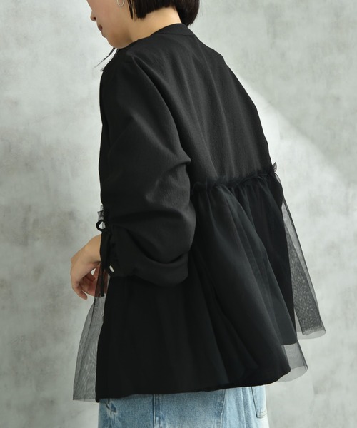 INTERPLANET（インタープラネット）の「バンドカラー長袖袖口リボンチュール重ねブラウス（シャツ/ブラウス・レディース・ブラック/オフホワイト・FREE）」の8枚目の写真